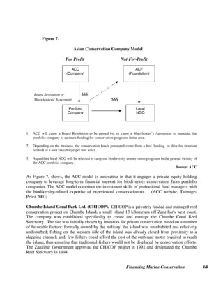Financing Marine Conservation 63
8. For-Profit Investments in Marine Conservation
For-profit investments can also generate sustainable funding for marine conservation. Operating
in the private sector, for-profit investment companies can be structured to serve the dual purpose
of providing financial returns for investors while promoting conservation in a designated
environmental zone. Biodiversity prospecting ventures and biodiversity enterprise funds or
holding companies can promote such investments, and provide long-term capital, business and
environmental technical advice, real employment and educational opportunities, and sustainable
conservation management to areas in which they operate.
8.1. Private Sector Investments
The International Finance Corporation (IFC), the private sector investment arm of the World
Bank, defines biodiversity businesses as those ventures for which biodiversity conservation and
sustainable use of biological resources are integral and proactive components of their business
operation. Biodiversity businesses can operate in a variety of ecosystems, such as arid and semi-
arid ecosystems; coastal, marine or freshwater ecosystems; forest ecosystems and mountain
ecosystems. However, capacity needs to be built in respect to identifying, developing and
financing such businesses as the biodiversity market segment has not yet been fully developed.
(IFC website)
The great majority of for-profit private sector environmental investments have focused on the
prevention and cleanup of land-based industrial pollution and urban sanitation, which are
sometimes referred to as brown investments. Most biodiversity businesses (i.e., green
investments) are also related to land-based conservation activities, such as environmentally
sustainable (certified) forestry and organic agriculture. The relatively few marine-focused
biodiversity businesses have generally involved ecotourism or environmentally sustainable
(certified) harvesting of fish, crustaceans, seaweed, and corals.
Asian Conservation Company (ACC). Incorporated in 2001, the ACC is a private equity
holding company that invests in marine biodiversity businesses. ACC is the first Southeast Asian
investment holding company with a Triple Bottom Line approach, intended to ensure
acceptable financial returns to shareholders; promote environmental conservation through a
sustainable financing model; and encourage corporate social responsibility through employment
and educational opportunities. The ACC aims to create a network of private sector investments
that proactively conserves biodiversity while remaining profitable and competitive in the
marketplace. Profits from the operating companies provide a sustainable financing source that is
reinvested in the acquisition of additional companies supporting ACC goals.
ACC’s first investment was a majority share in the Ten Knots Groupowners of El Nido Resorts,
a responsible tourism operation with properties in the El Nido-Taytay Managed Resource
Protected Area. ACC’s second investment was in Stellar Fisheries, Inc., the second largest
Philippine producer of pasteurized blue crabmeat with operations around the Visayan Sea. Stellar
Fisheries operates its enterprise sustainably, with local fishers following a fisheries management
plan developed with assistance from WWF-Philippines.
 