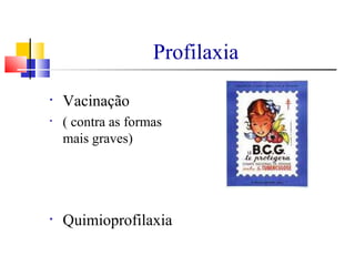 Profilaxia
• Vacinação
• ( contra as formas
mais graves)
• Quimioprofilaxia
 
