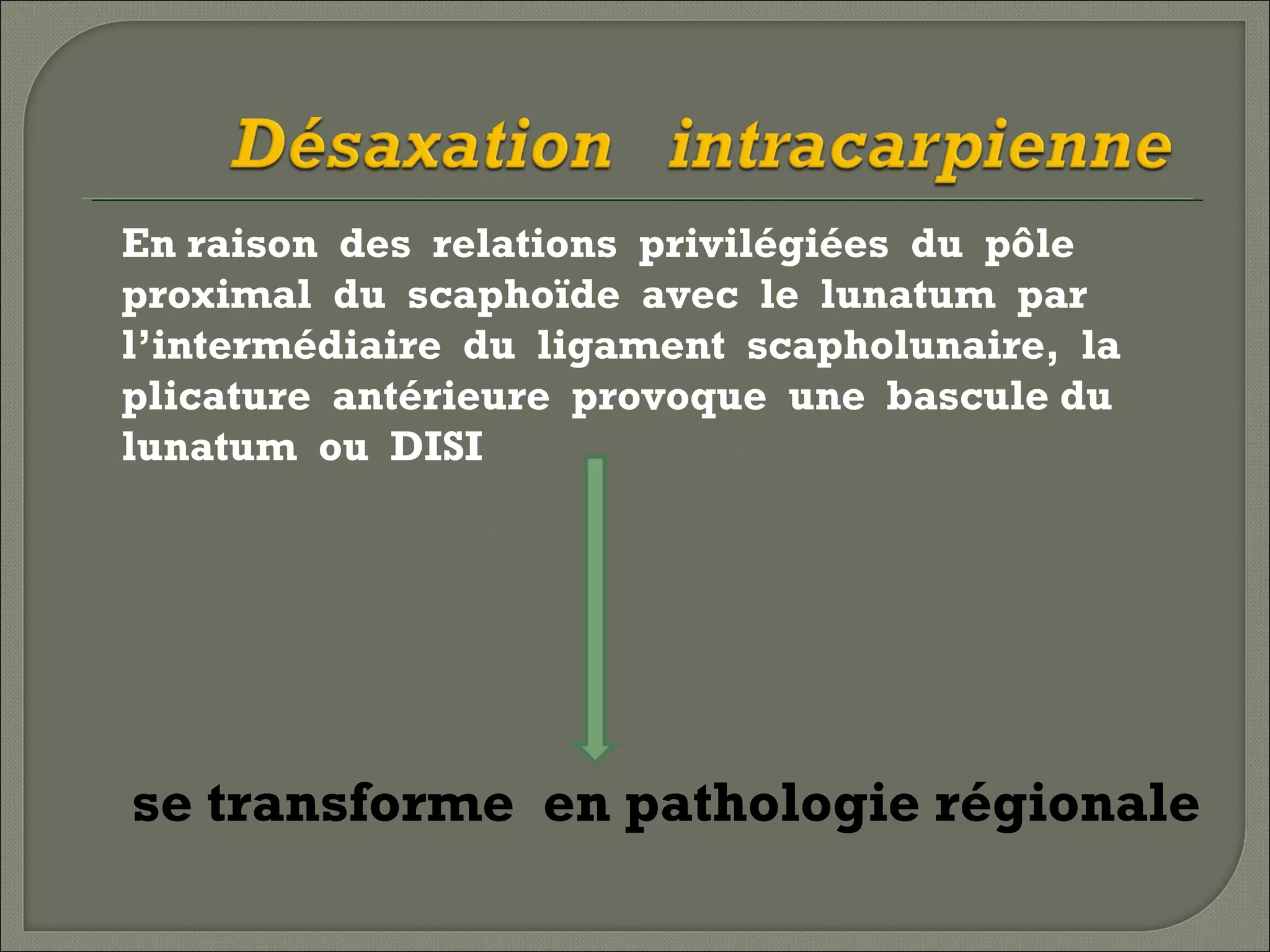 En raison des relations privilégiées du pôle
proximal du scaphoïde avec le lunatum par
l’intermédiaire du ligament scapholunaire, la
plicature antérieure provoque une bascule du
lunatum ou DISI

se transforme en pathologie régionale

 