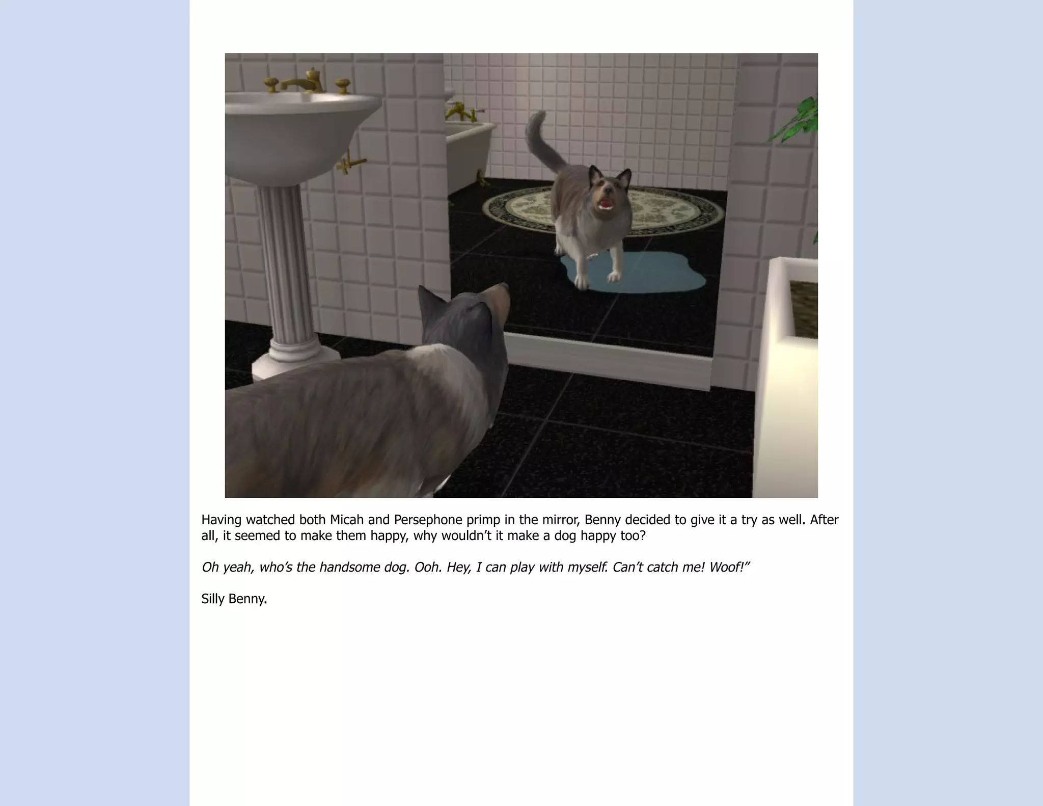Having watched both Micah and Persephone primp in the mirror, Benny decided to give it a try as well. After
all, it seemed to make them happy, why wouldn’t it make a dog happy too?

Oh yeah, who’s the handsome dog. Ooh. Hey, I can play with myself. Can’t catch me! Woof!”

Silly Benny.
 