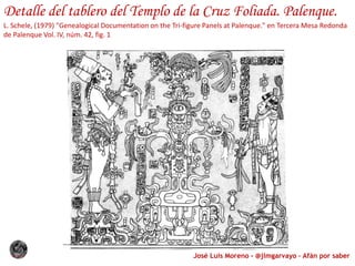 José Luis Moreno - @jlmgarvayo – Afán por saber
Detalle del tablero del Templo de la Cruz Foliada. Palenque.
L. Schele, (1979) "Genealogical Documentation on the Tri-figure Panels at Palenque." en Tercera Mesa Redonda
de Palenque Vol. IV, núm. 42, fig. 1
 