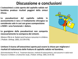 Discussione	
  e	
  conclusioni	
  
L’osteosintesi	
   a	
   cielo	
   aperto	
   del	
   capitello	
   radiale	
   nel	
  
	
  
bambino	
   produce	
   risultaa	
   peggiori	
   della	
   sintesi	
  
chiusa.	
  	
  
	
  
La	
   pseudoartrosi	
   del	
   capitello	
   radiale	
   in	
  
accrescimento	
   è	
   rara	
   e	
   il	
   traQamento	
   chirurgico	
   va	
  
considerato	
  solo	
  in	
  casi	
  con	
  grave	
  scomposizione	
  
e	
  ROM	
  <	
  arco	
  funzionale	
  +	
  dolore.	
  
	
  
La	
   guarigione	
   della	
   pseudoartrosi	
   non	
   comporta	
  
necessariamente	
  la	
  scomparsa	
  dei	
  sintomi.	
  

(Waters	
  PM	
  et	
  al.	
  Radial	
  neck	
  fracture	
  nonunion	
  in	
  children.	
  
J	
  Pediatr.	
  Orthop.	
  2001;	
  21:570-­‐576)	
  
	
  

Limitare	
  il	
  ricorso	
  all’osteosintesi	
  aperta	
  può	
  essere	
  la	
  chiave	
  per	
  migliorare	
  i	
  
risultaa	
  di	
  traQamento	
  delle	
  fraQure	
  di	
  capitello	
  radiale	
  nel	
  bambino.	
  
(SchmiOenbecher	
  PP	
  et	
  al.	
  	
  Treatment	
  decision,	
  method	
  of	
  osteosynthesis,	
  and	
  outcome	
  in	
  radial	
  neck	
  
fractures	
  in	
  children:	
  a	
  mulVcenter	
  study.	
  J	
  Pediatr.	
  Orthop.	
  2005;	
  25:45-­‐50)	
  

 