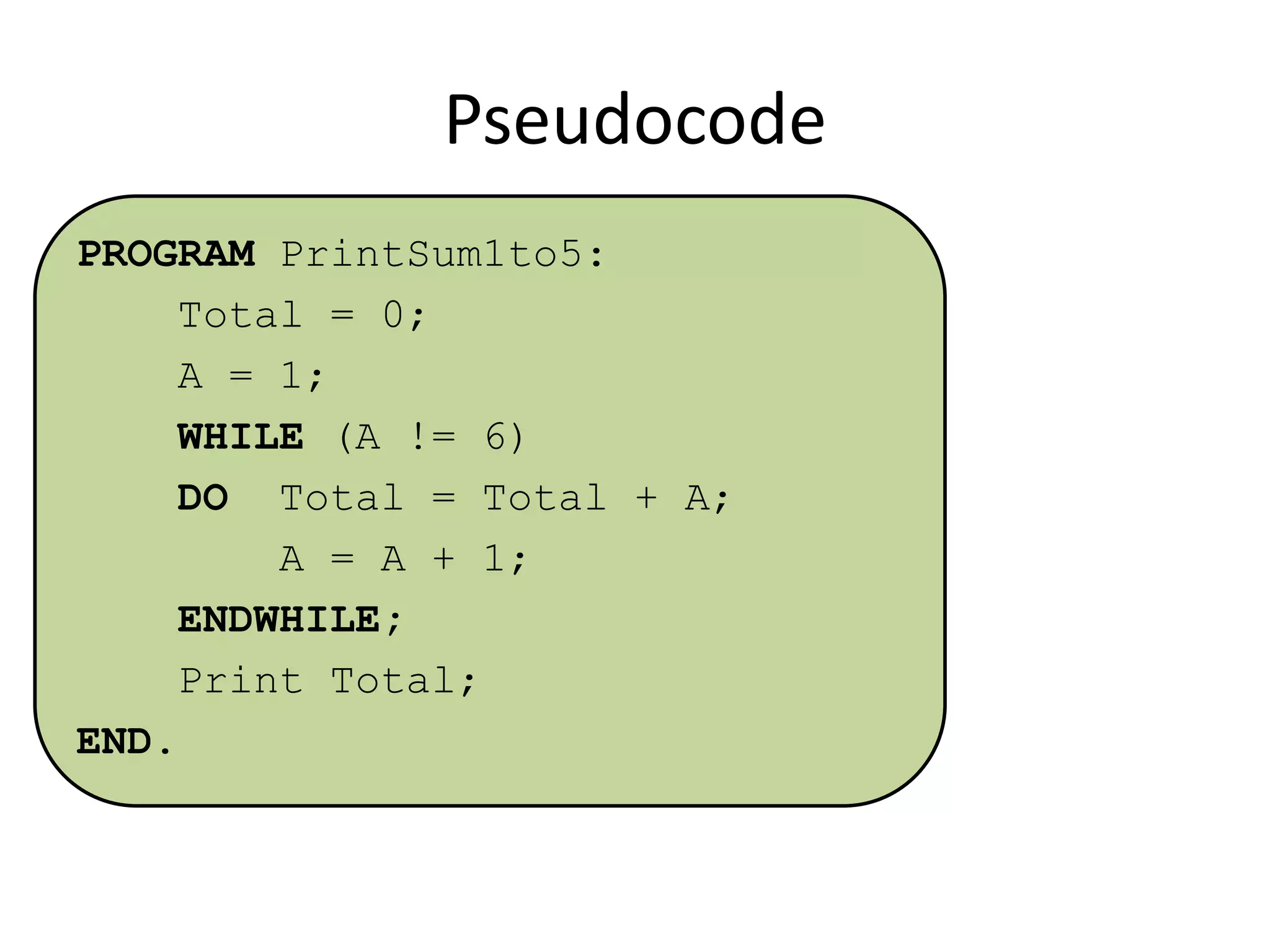 Pseudocode
PROGRAM PrintSum1to5:
Total = 0;
A = 1;
WHILE (A != 6)
DO Total = Total + A;
A = A + 1;
ENDWHILE;
Print Total;
END.

 