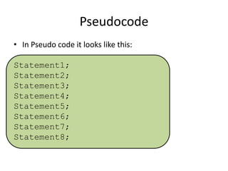 Pseudocode
• In Pseudo code it looks like this:
Statement1;
Statement2;
Statement3;
Statement4;
Statement5;
Statement6;
Statement7;
Statement8;

 