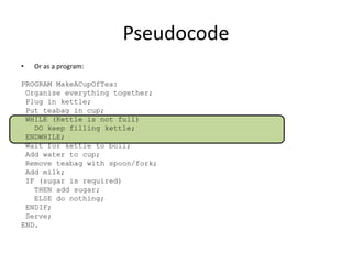 Pseudocode
•

Or as a program:

PROGRAM MakeACupOfTea:
Organise everything together;
Plug in kettle;
Put teabag in cup;
WHILE (Kettle is not full)
DO keep filling kettle;
ENDWHILE;
Wait for kettle to boil;
Add water to cup;
Remove teabag with spoon/fork;
Add milk;
IF (sugar is required)
THEN add sugar;
ELSE do nothing;
ENDIF;
Serve;
END.

 