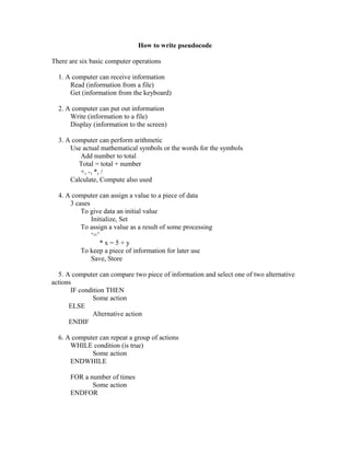 How to write pseudocode
There are six basic computer operations
1. A computer can receive information
Read (information from a file)
Get (information from the keyboard)
2. A computer can put out information
Write (information to a file)
Display (information to the screen)
3. A computer can perform arithmetic
Use actual mathematical symbols or the words for the symbols
Add number to total
Total = total + number
+, -, *, /
Calculate, Compute also used
4. A computer can assign a value to a piece of data
3 cases
To give data an initial value
Initialize, Set
To assign a value as a result of some processing
‘=’
* x = 5 + y
To keep a piece of information for later use
Save, Store
5. A computer can compare two piece of information and select one of two alternative
actions
IF condition THEN
Some action
ELSE
Alternative action
ENDIF
6. A computer can repeat a group of actions
WHILE condition (is true)
Some action
ENDWHILE
FOR a number of times
Some action
ENDFOR
 