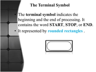The Terminal Symbol
• The terminal symbol indicates the
beginning and the end of processing. It
contains the word START, STOP, or END.
• It represented by rounded rectangles .
 