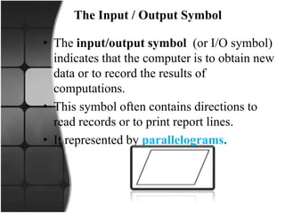 The Input / Output Symbol
• The input/output symbol (or I/O symbol)
indicates that the computer is to obtain new
data or to record the results of
computations.
• This symbol often contains directions to
read records or to print report lines.
• It represented by parallelograms.
 