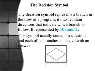 The Decision Symbol
• The decision symbol represents a branch in
the flow of a program; it must contain
directions that indicate which branch to
follow. It represented by Diamond .
• This symbol usually contains a question,
and each of its branches is labeled with an
answer.
 
