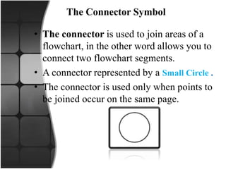 The Connector Symbol
• The connector is used to join areas of a
flowchart, in the other word allows you to
connect two flowchart segments.
• A connector represented by a Small Circle .
• The connector is used only when points to
be joined occur on the same page.
 