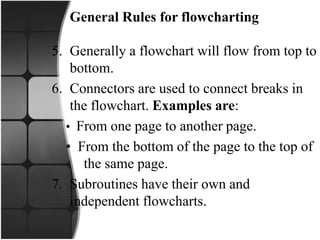 General Rules for flowcharting
5. Generally a flowchart will flow from top to
bottom.
6. Connectors are used to connect breaks in
the flowchart. Examples are:
• From one page to another page.
• From the bottom of the page to the top of
the same page.
7. Subroutines have their own and
independent flowcharts.
 