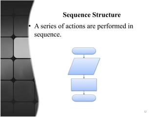 32
Sequence Structure
• A series of actions are performed in
sequence.
 