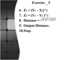 Exercise _ 5
6. Z1 = (X1 – X2)^2
7. Z2 = (Y1 – Y2 )^2
8. Distance =
9. Output Distance.
10.Stop.
 