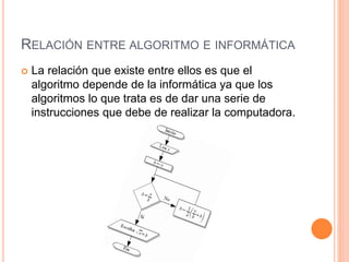 RELACIÓN ENTRE ALGORITMO E INFORMÁTICA
 La relación que existe entre ellos es que el
algoritmo depende de la informática ya que los
algoritmos lo que trata es de dar una serie de
instrucciones que debe de realizar la computadora.
 