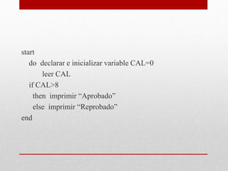 start
do declarar e inicializar variable CAL=0
leer CAL
if CAL>8
then imprimir “Aprobado”
else imprimir “Reprobado”
end
 