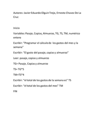 Autores: Javier Eduardo OlguinTrejo, Ernesto Chavez De La
Cruz
Inicio
Variables:Pasaje, Copias, Almuerzo, TG, TS, TM, numérico
entero
Escribir: ”Programar el cálculode los gastos del mes y la
semana”
Escribir: “El gasto del pasaje, copiasy almuerzo”
Leer: pasaje, copias y almuerzo
TG= Pasaje, Copiasy almuerzo
TS= TG*5
TM=TS*4
Escribir: “el total de los gastos de la semana es” TS
Escribir: “el total de los gastos del mes” TM
FIN
 