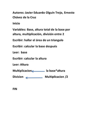 Autores: Javier Eduardo Olguín Trejo, Ernesto
Chávez de la Cruz
Inicio
Variables: Base, altura total de la base por
altura, multiplicación, división entre 2
Escribir: hallar el área de un triangulo
Escribir: calcular la base después
Leer: base
Escribir: calcular la altura
Leer: Altura
Multiplicacion la base*altura
Division Multiplicacion /2
FIN
 
