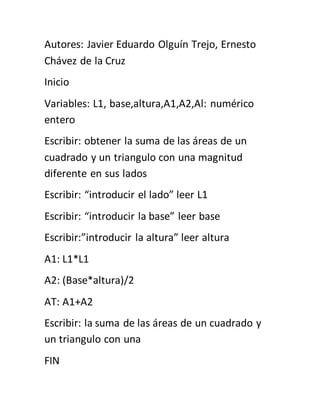 Autores: Javier Eduardo Olguín Trejo, Ernesto
Chávez de la Cruz
Inicio
Variables: L1, base,altura,A1,A2,Al: numérico
entero
Escribir: obtener la suma de las áreas de un
cuadrado y un triangulo con una magnitud
diferente en sus lados
Escribir: “introducir el lado” leer L1
Escribir: “introducir la base” leer base
Escribir:”introducir la altura” leer altura
A1: L1*L1
A2: (Base*altura)/2
AT: A1+A2
Escribir: la suma de las áreas de un cuadrado y
un triangulo con una
FIN
 