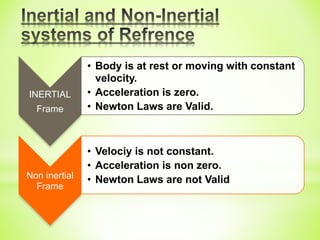 INERTIAL
Frame
• Body is at rest or moving with constant
velocity.
• Acceleration is zero.
• Newton Laws are Valid.
Non inertial
Frame
• Velociy is not constant.
• Acceleration is non zero.
• Newton Laws are not Valid
 