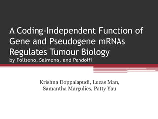 A Coding-Independent Function of
Gene and Pseudogene mRNAs
Regulates Tumour Biology
by Poliseno, Salmena, and Pandolfi



            Krishna Doppalapudi, Lucas Man,
             Samantha Margulies, Patty Yau
 