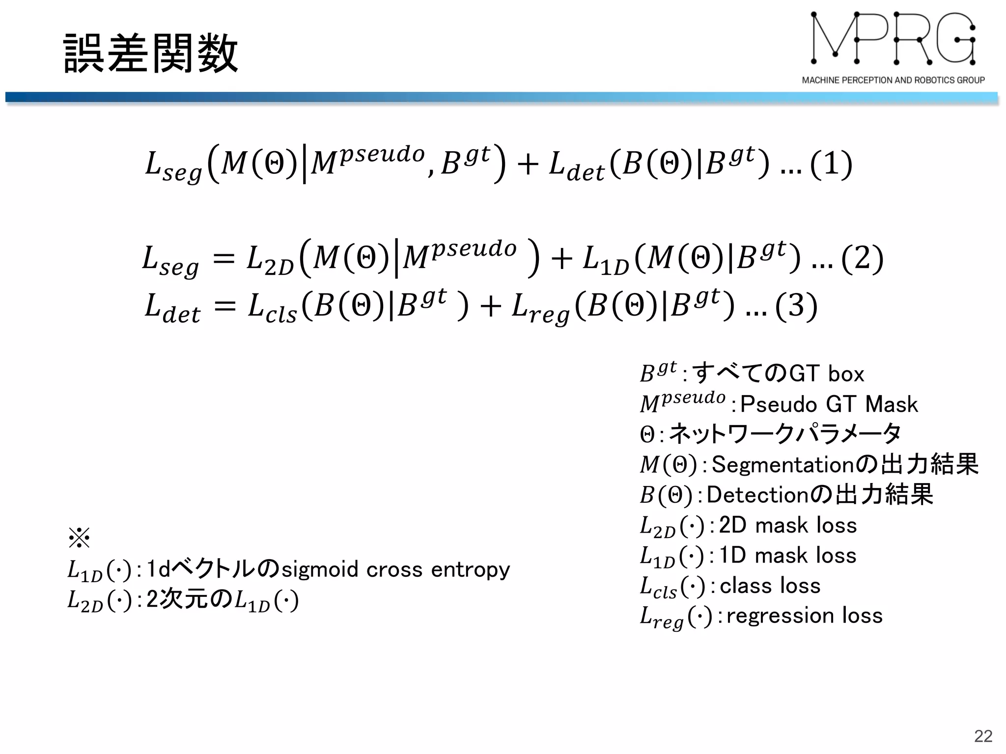 誤差関数
22
𝐵 𝑔𝑡
：すべてのGT box
𝑀 𝑝𝑠𝑒𝑢𝑑𝑜
：Pseudo GT Mask
Θ：ネットワークパラメータ
𝑀 Θ ：Segmentationの出力結果
𝐵(Θ)：Detectionの出力結果
𝐿2𝐷(∙)：2D mask loss
𝐿1𝐷(∙)：1D mask loss
𝐿 𝑐𝑙𝑠(∙)：class loss
𝐿 𝑟𝑒𝑔(∙)：regression loss
𝐿 𝑠𝑒𝑔 𝑀 Θ 𝑀 𝑝𝑠𝑒𝑢𝑑𝑜, 𝐵 𝑔𝑡 + 𝐿 𝑑𝑒𝑡 𝐵 Θ 𝐵 𝑔𝑡 … (1)
𝐿 𝑠𝑒𝑔 = 𝐿2𝐷 𝑀 Θ 𝑀 𝑝𝑠𝑒𝑢𝑑𝑜 + 𝐿1𝐷 𝑀 Θ 𝐵 𝑔𝑡 … (2)
𝐿 𝑑𝑒𝑡 = 𝐿 𝑐𝑙𝑠 𝐵 Θ 𝐵 𝑔𝑡 + 𝐿 𝑟𝑒𝑔 𝐵 Θ 𝐵 𝑔𝑡 … (3)
※
𝐿1𝐷(∙)：1dベクトルのsigmoid cross entropy
𝐿2𝐷(∙)：2次元の𝐿1𝐷(∙)
 