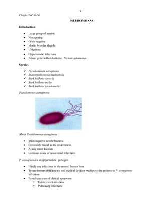 1
Chapter NO # 06
PSEUDOMONAS
Introduction:
 Large group of aerobic
 Non sporing
 Gram negative
 Motile by polar flagella
 Ubiquitous
 Oppurtunistic infections
 Newer genera-Burkholderia Stenotrophomonas
Species
 Pseudomonas aeruginosa
 Stenotrophomonas maltophila
 Burkholderia cepacia
 Burkholderia mallei
 Burkholderia pseudomallei
Pseudomonas aeruginosa
About Pseudomonas aeruginosa
 gram-negative aerobe bacteria
 Commonly found in the environment
 At any moist location
 Common cause of nosocomial infections
P. aeruginosa is an opportunistic pathogen
 Hardly any infections in the normal human host
 Severe immunodeficiencies and medical devices predispose the patients to P. aeruginosa
infections
 Broad spectrum of clinical symptoms
 Urinary tract infections
 Pulmonary infections
 