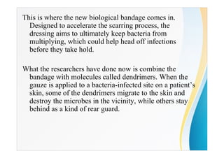 This is where the new biological bandage comes in.
Designed to accelerate the scarring process, the
dressing aims to ultimately keep bacteria from
multiplying, which could help head off infections
before they take hold.
What the researchers have done now is combine the
bandage with molecules called dendrimers. When the
gauze is applied to a bacteria-infected site on a patient’s
skin, some of the dendrimers migrate to the skin and
destroy the microbes in the vicinity, while others stay
behind as a kind of rear guard.
 