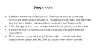 Resistance
● Resistant to common antiseptics and disinfectants such as quarentary
ammonium compounds,chlorxylenols hexachlorophans, dettol and cetrimides
and it grows in bottles containing these antiseptics and disinfectants.
● Cetrimide agar is infact used as selective media for growing pseudomonas.
● Sensitive to acids, beta glutaraldehyde, silver salts and strong phenolic
disinfectants.
● Most common organism causing infection in burn patients and silver
sulphonamide compounds are used as topical cream in burn patients.
 