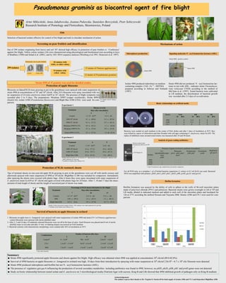 Pseudomonas graminis as biocontrol agent of fire blight
Artur Mikiciński, Anna Jakubowska, Joanna Puławska, Stanisław Berczyński, Piotr Sobiczewski
Research Institute of Pomology and Floriculture, Skierniewice, Poland
Protection of apple blossoms
Mechanisms of action
Siderophores production
0-4: degree scale of disease
severity
Analysis of genes coding antibiotics
Biotic relationships on artificial media
Protection of M.26 rootstock shoots
Strains NAS
24 48 h
KB
24 48 h
LB
24 48 h
49M
A506
C9-1
0
0
0
0
0
0
11.0
11.5
0
0
0
0
0
0
0
0
0
0
Isolates
Presence of genes involved in antibiotic biosynthesis
Regulatory
gen gacA
2,4 -
diacethylphloroglu-
cinol
phlD
Phenazine
phzA , phzF, phzC,
phzD
Pyoluteorine
pltB, pltC
Pyrrolnitrin
prnD
49M
A506
59M*
-
-
+
- - - -
- - - -
- - - -
- -
- -
+ +
-
-
-
+
-
+
Selection of bacterial isolates effective for control of fire blight and trails to elucidate mechanism of action.
NAS KB
Combinations
Number of bacteria after days
2 6 10
Control* 0 − 2x103
700 − 4x105
2.0x103
− 1.0x105
C9-1 3.5x105
− 3.7x106
9x104
−4.3x106
2.3x105
−2.5x106
49M 7.4x105
− 1.4x107
1.9x105
−1.4x107
2.0x104
−6.7x106
Survival of bacteria on apple blossoms in orchard
Biofilm formation
Signaling molecules N - acyl homoserine lactones (AHL)
Summary
☻ Strain 49M significantly protected apple blossoms and shoots against fire blight. High efficacy was obtained when 49M was applied at concentration 108
cfu/ml (89.0-82.8%)
☻ Survival of 49M bacteria on apple blossoms cv. Jonagored in orchard was high; 10 days from their introduction by spraying with water suspension at 108
cfu/ml 2.0x104
—6.7 x 106
cfu/ blossom were detected
☻ Strain 49M produced siderophores and biofilm but not N ˗ acyl homoserine lactones (AHL).
☻ The presence of regulatory gen gacA influencing the production of several secondary metabolites including antibiotics was found in 49M; however, no phlD, phzD, pltB, pltC and prnD genes were not detected
☻ Study on biotic relationship between tested isolate and E. amylovora on 3 microbiological media (Nutrient Agar with sucrose, King B and LB) showed that 49M inhibited growth of pathogen only on King B medium.
Blossoms on Idared/M.26 trees growing in pot in the greenhouse were sprayed with water suspension of
strain 49M at concentrations of 107
and 108
cfu/ml. After 24 h blossoms were spray inoculated with wa-
ter suspension of Erwinia amylovora strain Ea659 at 107
cfu/ml. The presence of blight symptoms was
recorded after 5 to 9 days. The preparations: Miedzian 50WP (copper oxichloride), Aliette 80WG
(fosetyl-Al), isolate A506 (Pseudomonas fluorescens) and Blight Ban A506 (USA) were used for com-
parison.
Screening on pear fruitlets and identification
Experiment 2
Treatment
Disease severity
Days after inoculation:
5 7
Control 1.2 b* (0)** 1.8 b (0)
49M 108
cfu/ml 0.1 a (89.0) 0.3 a (82.8)
49M 107
cfu/ml 0.3 a (71.2) 0.7 a (62.3)
Miedzian 50WP 0.15% 0.4 a (63.5) 1.1 a (36.0)
Miedzian 50WP 0.3% 0.3 a (72.0) 0.8 a (55.9)
Aliette 80WG 0.25% 0.5 a (57.6) 1.0 ab (42.4)
Experiment 1
Treatment 6 9
Control 1.5 b* (0)** 2.6 b (0)
49M 108
cfu/ml 0.3 a (77.2) 0.9 a (62.6)
A506 108
cfu/ml 0.4 a (72.7) 0.8 a (67.3)
Blight Ban A506 0.2 a (81.8) 1.0 a (60.3)
*rating scale of severity: 0 = no necrosis; 4 = total necrosis of ovary and peduncle, analyses were
made separately for each day;
**numbers in brakets show efficacy (%)
Tips of terminal shoots on one-year-old apple M.26 growing in pots in the greenhouse were cut off with sterile scissors and
afterwards sprayed with water suspension of 49M at 108
cfu/ml. BlightBan A 506 was included for comparison. Immediately
after spraying the shoots were covered with plastic bags. After 6 hours they were spray inoculated with water suspension of
E .amylovora strain Ea 659 at 107
cfu/ml and again covered with plastic bags for 24 hours. After 7, 10 and 17 days the meas-
urement of total length of shoots and the length of necrotized part of shoots was made.
Treatment
Percentage of M.26 shoots infestation by fire blight
Days after inoculations:
7 10 17
Control 6.5 b* (0)** 21.0 b (0) 37.6 c (0)
49M 0.05 a (99.2) 1.6 a (92.5) 5.2 a (86.3)
Blight BanA506 6.0 b (6.6) 9.0 a (57.0) 16.7 b (55.5)
*lenght of shoot lesion/total lenght of shoot x 100; analyses were made separately for each day
** numbers in the brakets show efficacy (%)
1. Blossoms on apple trees cv. Jonagored, were sprayed with water suspensions of isolate 49M and strain C9-1 of Pantoea agglomerans;
control blossoms were sprayed with sterile distilled water
2. After 2, 5 and 10 days 10 randomly selected blossoms were cut off at the base of calyx. Each blossom was placed into10 ml of sterile
distilled water in test tube and after 15 min. of shaking aliquot was poured on NAS medium
3. Bacterial colonies with characteristic morphology were counted after 48 h of incubation at 24°C
12 strains of Pantoea agglomerans
12 strains of Pseudomonas graminis
Control Isolate 49M
299 isolates
Preliminary test on pear fruitlets 83 isolates with
white, or other colony
24 isolates with
yellow colony
Bacteria were seeded on each medium in the center of Petri dishes and after 3 days of incubation at 26o
C they
were killed by vapors of chloroform and then flooded with soft agar containing E. amylovora, strain Ea 659. The
radius of inhibition zones around tested strains was measured after 24 and 48 hours.
Strain 49M
Isolate 49M produced siderofores on medium
containing complex: CAS - Fe 3+
- HDTMA
prepared according to Schwyn and Neilands
(1987).
For all PCR tests, as a template 1 µl of boiled bacteria suspension (1 colony in 0.5 ml H2O) was used. Bacterial
DNA was amplified with primers: phlD, phzA, phzF, phzC, phzD, pltB, prnD, gacA1 and gacA2.
Biofilm formation was assayed by the ability of cells to adhere to the wells of 96-well microtiter plates
made of polyvinyl chloride (PVC) and polistyren. Bacterial strains were grown overnight in LB or YP and
LB media, diluted in indicated medium and added to each well of the microtiter plates and incubated for
12h at 27°C according the method Hossain and Tsuyumu 2006. Strains A506 and C9-1 were used for com-
parison.
Polistyren PVC
LB LB+YP LB LB+YP
* only native bacteria
Out of 299 isolates originating from leaves and soil 107 showed high efficacy in protection of pear fruitlets cv. ‘Conference’
against fire blight. Yellow colony isolates (24) were characterized using physiological and biochemical tests according to keys
of Bradbury (1988) and Schad et al. (2001), and by 16S r RNA sequence analyses (Weisburg et al.1991; Drancourt et al. 1997).
Strain 49M of P. gramins was used for detailed studies
Acknowledgement:
The authors express their thanks to Dr. Virginia O. Stockwell for kind supply of strains A506 and C9-1 and bioproduct BlightBan A506
Strain 49M did not produced N - acyl homoserine lac-
tones in test with AHL - indicator strain Chromobacte-
rium violaceum CV026 according to the method of
McClean et al. (1997). Tested bacteria were cultivated
in LB medium, the discoloration of bacterial growth
was recorded after 2-3 days of co-cultivation.
Strain 48M—positive control
Strain 49M
* strain Pseudomonas spp. isolated from soil used for comparison
+K 49M Pf
425 bp (gacA)
Positive control strain
Pseudomonas fluorescens Pf5
Aim
 