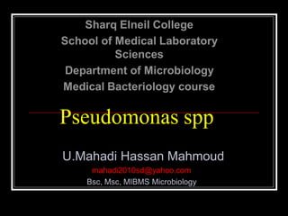 Sharq Elneil College
School of Medical Laboratory
          Sciences
 Department of Microbiology
Medical Bacteriology course

Pseudomonas spp
U.Mahadi Hassan Mahmoud
     mahadi2010sd@yahoo.com
    Bsc, Msc, MIBMS Microbiology
 