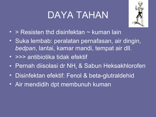 DAYA TAHAN
• > Resisten thd disinfektan ~ kuman lain
• Suka lembab: peralatan pernafasan, air dingin,
bedpan, lantai, kamar mandi, tempat air dll.
• >>> antibiotika tidak efektif
• Pernah diisolasi dr NH4 & Sabun Heksakhlorofen
• Disinfektan efektif: Fenol & beta-glutraldehid
• Air mendidih dpt membunuh kuman
 