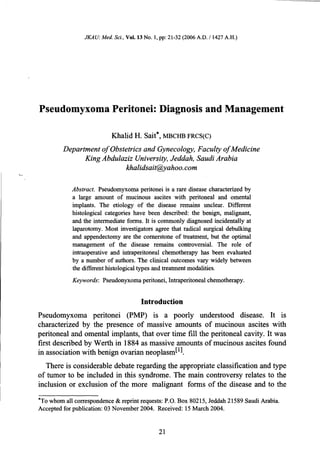 Pseudomyxoma peritonei  diagnosis and management