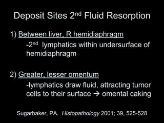 Deposit Sites 2nd Fluid Resorption
1) Between liver, R hemidiaphragm
-2nd lymphatics within undersurface of
hemidiaphragm
2) Greater, lesser omentum
-lymphatics draw fluid, attracting tumor
cells to their surface  omental caking
Sugarbaker, PA. Histopathology 2001; 39, 525-528
 