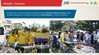 Atrações	
  -­‐	
  Churrasco	
  


    Durante	
  todo	
  o	
  evento	
  foi	
  oferecido	
  gratuitamente	
  pela	
  PeterPans	
  Adventure	
  Travel	
  a	
  todos	
  
    os	
  atletas,	
  estudantes	
  e	
  convidados	
  um	
  tradicional	
  Ozzie	
  Baebeque,	
  o	
  churraso	
  australiano.	
  	
  
 