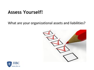 Assess Yourself! What are your organizational assets and liabilities? 