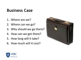 Business Case Where are we? Where can we go? Why should we go there? How can we get there? How long will it take? How much will it cost? 