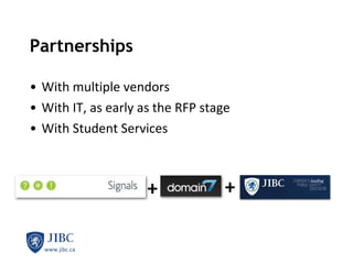 Partnerships With multiple vendors With IT, as early as the RFP stage With Student Services + + 