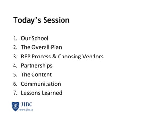 Today’s Session Our School The Overall Plan RFP Process & Choosing Vendors Partnerships The Content  Communication Lessons Learned 