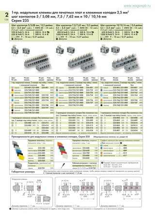 2 
130 
1-пр. клеммные колодки для печатных плат 
1,5 мм2, шаг контактов 3,5 мм, серия 805 
2,5 мм2, шаг контактов 5 мм и 7,5 мм, серия 804 
Шаг контактов 3,81 мм / 0,15 дюйма 
0,2 – 1,5 мм2 AWG 24 – 10 
320 В/4кВ/3 300 В, 10 А U 
IN 17,5 А 
L 9 – 10 мм / 0,37 дюйма 
1 Допуски 1 Допуски 
№ пол. № для заказа Упак. 
Цвет единица 
Шаг контактов 5 мм / 0,197 дюйма 
Шаг контактов 3,5 мм/0,138 дюйма 
0,5 – 2,5 мм2 «s+f-st» AWG 20 – 12 «s+f-st» 
250 В/4кВ/3, 24 A 300 В, 10 А U 
320 В/4кВ/2, 24 A 
L 10 – 11 мм / 0,41 дюйма 
1-пр. клеммная колодка с зажимом CAGE CLAMP®, с нажимн. 
кнопками, 2 ступенчатыми выводами под пайку / полюс, 
с измерит. гнездами на Ø1 мм тестовые штекеры, серые 
Шаг контактов 5 мм 
2 804-102 420 (4x105) 
3 804-103 280 (4x70) 
4 804-104 220 (4x55) 
5 804-105 180 (4x45) 
: : 
16 804-116 40 (4x10) 
Шаг контактов 7,5 мм 
2 804-302 320 (4x85) 
3 804-303 220 (4x55) 
4 804-304 160 (4x40) 
5 804-305 120 (4x30) 
: : 
12 804-312 40 (4x10) 
Суффикс артикула для заказа цветных клемм 
красные . . . /000-005 
синие . . . /000-006 
оранжевые . . . /000-012 
светло-зеленые . . . /000-017 
Клеммы с синей изоляцией пригодны для 
применения в условиях Ex i (только для шага 
контактов 7,5 мм и 10 мм). 
Габаритные размеры Диаметр сверления: 1,1 + 0,1 мм (серия 805), 1 + 0,1 мм (серия 804) 
_10,9_ 
___14,5___ 
3,6 
__ 0,6 
5 3,3 
___13,5___ 
_____________ L___________ 
2,5 __  0,8 ___ 1,25  
 4 _ 
____ 15 ____ 
__  (_7,5 _) 5  
S 
____13,6___ 
___12,6___ 
0,6 
____________ L ___________ __ 
3,2__10,5_ 
__  3,1 0__,7_5  3,5 2 _0_,5 
5 _ 
Первый вывод 
под пайку 
сзади 
5 мм: L = (кол-во полюсов x шаг контакта) + 1,5 мм 
7,5 мм: L = (кол-во полюсов - 1) x шаг контакта + 5 мм + 1,5 мм 
Технические указания по эксплуата- 
ции 
Принадлежности 
Подключение одножильных проводников: просто 
вставьте зачищенный проводник до упора. 
Вставка / извлечение тонких многожильных проводников: 
открыть зажимное устройство при помощи нажатия кнопки и 
вставить в него проводник с зачищенной изоляцией до упора. 
Клеммные колодки с и без заглушек – по запросу 
пользователя. 
Принадлежности к Серии 804 / 805 № для 
1 Данные о допусках можно найти в Интернете по адресу: www.wago.com. Технические пояснения и сокращения см. в техническом разделе. 
заказа 
Маркировочные полоски, в каждой карте 20 самоклеющихся полосок 
Шаг 5 мм 
1–12 (300 x) 210-331/0500-0103 
13–24 (300 x) 210-331/0500-0104 
Шаг 7,5 мм 
1–16 (100 x) 210-331/0750-0202 
Отвод для измерений, Ø1 мм 
с припаянным соединителем для 
тестового проводника 
735-500 1 
Тестовый штекер, с проводом длиной 500 мм, 
Ø2 мм, красный 
210-136 50 
Рабочий инструмент, с частично изолированным лезви- 
ем, тип 2, лезвие (3,5 x 0,5) мм 
210-720 1 
№ пол. № для заказа Упак. 
Цвет единица 
1-пр. клеммная колодка с зажимами CAGE CLAMP®S, с 
нажимн. кнопками, 1 ступенчатый вывод под пайку / 
полюс, с измерит. гнездами на Ø2 мм тестовые штекеры, серые 
2-пол. 805-102 600 (4x150) 
3-пол. 805-103 420 (4x105) 
4-пол. 805-104 300 (4x75) 
5-пол. 805-105 260 (4x65) 
: : 
15-пол 805-124 40 (4x10) 
без измерит. гнезда 
2-пол. 805-302 600 (4x150) 
3-пол. 805-303 420 (4x105) 
4-пол. 805-304 300 (4x75) 
5-пол. 805-305 260 (4x65) 
: : 
15-пол 805-324 40 (4x10) 
Непосредственное выполнение печати - по запросу 
пользователя. 
Другая длина — по запросу 
Суффикс артикула для заказа цветных клемм 
синие . . . /000-006 
оранжевые . . . /000-012 
www.wagospb.ru 
 