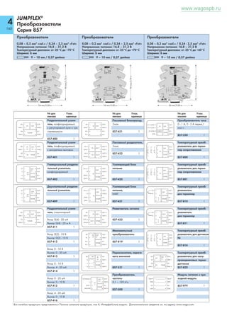 3 
156 
EPSITRON® 
Первичные переключаемые источники питания 
Серия 787 
www.wagospb.ru 
Источник энергии EPSITRON® CLASSIC 
Защита от холостого хода и короткого 
замыкания, регулируемое выходное 
напряжение, СИД-индикатор состояния, для 
монтажа на DIN-рейку 35 мм 
0,08 – 2,5 мм2 / AWG 28 – 14 
Источник энергии EPSITRON® ECO 
Защита от холостого хода и короткого 
замыкания, регулируемое выходное 
напряжение, СИД-индикатор состояния, для 
монтажа на DIN-рейку 35 мм 
0,08 – 4 мм2 / AWG 28 – 12 
Ток на выходе № для Упак. 
заказа единица 
Первичный переключаемый источник питания, 
1-фазный 
Напряжение на входе: 110 – 230 В перем.т. 
Номинальное напряжение: 90 – 264 В перем.т., 
130 – 300 В пост.т. 
12 В пост. тока / 2 А 787-601 1 
Габаритные размеры (мм) Ш x В x Д: 40 x 95 x 90 
параллельная работа, защита от тепловой перегрузки 
12 В пост. тока / 4 А 787-611 1 
Габаритные размеры (мм) Ш x В x Д: 51 x 133 x 120 
12 В пост. тока / 8 А 787-621 1 
Габаритные размеры (мм) Ш x В x Д: 67 x 133 x 120 
24 В пост. тока / 1,3 А 787-602 1 
Габаритные размеры (мм) Ш x В x Д: 40 x 95 x 90 
параллельная работа, защита от тепловой перегрузки 
24 В пост. тока / 2,5А 787-612 1 
Габаритные размеры (мм) Ш x В x Д: 51 x 133 x 120 
24 В пост. тока / 0,5 А 787-622 1 
Габаритные размеры (мм) Ш x В x Д: 67 x 133 x 120 
Напряжение на входе: 85 – 264 В перем.т. / 
90 – 350 В пост.т 
Номинальное напряжение: 110 – 230 В перем.т. 
24 В пост. тока / 10 А 787-632 1 
Габаритные размеры (мм) Ш x В x Д: 115 x 87 x 140 
Напряжение на входе: 90 – 264 В перем.т., 
130 – 300 В пост.т. 
Номинальное напряжение: 110 – 230 В перем.т., 
параллельная работа 
48 В пост. тока / 1 А 787-613 1 
Габаритные размеры (мм) Ш x В x Д: 51 x 133 x 120 
48 В пост. тока / 2 А 787-623 1 
Габаритные размеры (мм) Ш x В x Д: 67 x 133 x 120 
Напряжение на входе: 176 – 264 В перем.т. / 
90 – 132 В пост.т 
Номинальное напряжение: 110 – 230 В перем.т. 
48 В пост. тока / 5 А 787-633 1 
Габаритные размеры (мм) Ш x В x Д: 115 x 87 x 140 
Источник питания EPSITRON® COMPACT 
Защита от холостого хода и короткого 
замыкания, регулируемое выходное 
напряжение, СИД-индикатор состояния, для 
монтажа на DIN-рейку 35 мм 
0,08 – 2,5 мм2 / AWG 28 – 14 
Ток на выходе № для Упак. 
заказа единица 
Первичный переключаемый источник питания, 
1-фазный 
Напряжение на входе: 85 – 264 В перем.т. 
120 – 373 В пост.т 
Номинальное напряжение: 100 – 240 В перем.т. 
12 В пост. тока / 2 А 787-1001 1 
Габаритные размеры (мм) Ш x В x Д: 54 x 59 x 89 
Напряжение на входе: 85 – 264 В перем.т. 
120 – 373 В пост.т 
Номинальное напряжение: 100 – 240 В перем.т. 
12 В пост. тока / 4 А 787-1011 1 
Габаритные размеры (мм) Ш x В x Д: 72 x 59 x 89 
Напряжение на входе: 85 – 264 В перем.т. 
120 – 373 В пост.т 
Номинальное напряжение: 100 – 240 В перем.т. 
24 В пост. тока / 1,3 А 787-1002 1 
Габаритные размеры (мм) Ш x В x Д: 54 x 59 x 89 
Напряжение на входе: 85 – 264 В перем.т. 
120 – 373 В пост.т 
Номинальное напряжение: 100 – 240 В перем.т. 
24 В пост. тока / 2,5А 787-1012 1 
Габаритные размеры (мм) Ш x В x Д: 72 x 59 x 89 
Напряжение на входе: 85 – 264 В перем.т. 
120 – 373 В пост.т 
Номинальное напряжение: 100 – 240 В перем.т. 
24 В пост. тока / 4 А 787-1022 1 
Габаритные размеры (мм) Ш x В x Д: 90 x 59 x 89 
Ток на выходе № для Упак. 
заказа единица 
Первичный переключаемый источник питания, 
1-фазный 
Напряжение на входе: 85 – 264 В перем.т. 
Номинальное напряжение: 230 В перем.т. 
24 В пост. тока / 2,5А 787-712 1 
Габаритные размеры (мм) Ш x В x Д: 50 x 92 x 136 
Напряжение на входе: 85 – 264 В перем.т. 
Номинальное напряжение: 230 В перем.т. 
24 В пост. тока / 0,5 А 787-722 1 
Габаритные размеры (мм) Ш x В x Д: 75 x 92 x 136 
Напряжение на входе: 85 – 264 В перем.т. 
Номинальное напряжение: 230 В перем.т. 
24 В пост. тока / 10 А 787-732 1 
Габаритные размеры (мм) Ш x В x Д: 57 x 127 x 179 
Вся линейка продукции представлена в Полном каталоге продукции, том 3, Автоматизация. Дополнительные сведения см. по адресу www.wago.com. 
Технические пояснения и сокращения см. в техническом разделе. 
 