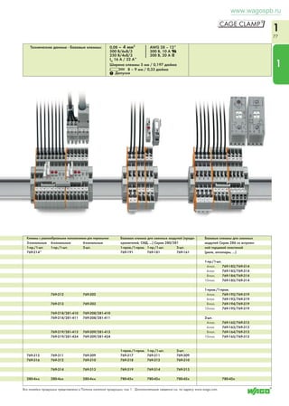 www.wagospb.ru 
1 
73 
1 Допуски 1 Допуски 1 Допуски 
____________ 80 mm/3.15 in ____________ 
___ 55,5 mm/2.19 in ___ 
_____________ 90,5 mm/3.56 in _____________ 
______ 63,5 mm/2.5 in ______ 
____ 
in3 2.5 mm/63,5 _____ ____________ 80 mm/3.15 in ____________ 
____________90,5 mm/3.56 in3 _________ ___ 55,5 mm/2.19 in ___ 
1 
Клеммы для исполнительных устройств 
Серия 280 
Клеммы для исп. устройств 
(напр., э/магнитн. клапана) 
400 В/6кВ/3, 20 A 
280-562 50 
Клеммы для исп. устройств 
с диодом с накоплением заряда 
1N4007 
250 В/4кВ/3, 20 A 
280-562/281-411 50 
Клеммы с СИД для исп. 
устройств 
24 В пост. т., 20 А, СИД крас- 
ный 
280-562/281-434 50 
Потребление энергии СИД: 4,8 мА 
Клеммы с СИД для исп. 
устройств, 24 В пост. т., 20 А, 
СИД красный, с диодом с нако- 
плением заряда 1N4007 
280-562/281-420 50 
Потребление энергии СИД: 4,8 мА 
Клеммы питания исп. 
устройств 
подвод питания на стороне исп. 
устройства 
400 В/6кВ/3, 20 A 
280-592 10 
Принадлежности, Серия 280 
Поперечная перемычка, изолир., IN 24 А 
серые 280-402 200 (8x25) 
Клеммы для исп. устройств 
с заземлением 
400 В/6кВ/3, 20 A 
280-572 50 
Клеммы для исп. устройств 
с заземлением с диодом с нако- 
плением заряда 1N4007 
250 В/4кВ/3, 20 A 
280-572/281-411 50 
Клеммы с СИД для исп. 
устройств 
с заземлением, 24 В пост. т., 20 
А, СИД красный 
280-572/281-434 50 
Потребление энергии СИД: 4,8 мА 
Клеммы с СИД для исп. 
устройств 
с заземлением, 24 В пост. т., 20 
А, СИД красный 
280-572/281-420 50 
Потребление энергии СИД: 4,8 мА 
Клеммы питания исп. 
устройств 
с заземлением, подвод питания 
на стороне исп. устройства 
400 В/6кВ/3, 20 A 
280-593 10 
Подходящая система маркировки: WMB 
Вся линейка продукции представлена в Полном каталоге продукции, том 1. Дополнительные сведения см. по адресу www.wago.com. 
Клеммы для исп.устройств 
(напр., термовыключателя) 
400 В/6кВ/3, 20 A 
280-555 2 50 
Клеммы для исп.устройств 
(напр., мембранного выключа- 
теля) 
400 В/6кВ/3, 20 A 
280-554 2 50 
Клеммы питания для исп. 
устройств, с торцевой пласти- 
ной, ширина клеммы 6 мм для 
280-554 и 280-555, 
400 В/6кВ/3, 20 A 
280-556 2 20 
Клеммы для исп. устройств 
с экранированным соединением 
400 В/6кВ/3, 20 A 
280-585 3 50 
Клеммы для исп. устройств 
с экраниров. соединением, с 
торцевой пластиной, ширина 
клеммы 6 мм 
280-586 3 20 
Клемма для исп. устройств 
с проходным контактом экрани- 
рованного проводника 
400 В/6кВ/3, 20 A 
280-583 3 50 
Тестовый адаптер, для клемм 1,5 - 10 мм2 
(AWG 16 - 8) 
шириной 8 мм 
209-170 50 (2x25) 
для тестового штекера Ø4 мм 
Для тестовых штекеров серии 215 см. стр. 193 
Стопор для изоляции, 5 шт./пол. 200 полосок 
белые 280-470 0,08 - 0,2 мм2 (AWG 28 - 24) 
светло-серые 280-471 0,25 - 0,5 мм2 (AWG 12 - 20) 
темно-серые 280-472 0,75 - 1 мм2 (AWG 20 - 18) 
Клеммы для исп. устройств с заземлением 
0,08 – 2,5 мм2 AWG 28 – 12* 
Ширина клеммы 5 мм / 0,197 дюйма 
L 8 – 9 мм / 0,33 дюйма 
Клеммы для 2-проводных исп.устройств 
0,08 – 2,5 мм2 AWG 28 – 12* 
Ширина клеммы 5 мм / 0,197 дюйма 
L 8 – 9 мм / 0,33 дюйма 
Клеммы для исп. устройств с экранированным 
соединение м 
0,08 – 2,5 мм2 AWG 28 – 12* 
Ширина клеммы 5 мм / 0,197 дюйма 
L 8 – 9 мм / 0,33 дюйма 
№ для заказа Упак. 
единица № для заказа Упак. 
единица № для заказа Упак. 
единица 
Торцевая и промежуточная пластина, толщ. 1 мм 
оранжевые 280-321 100 (4x25) 
серые 280-319 100 (4x25) 
Торцевая и промежуточная пластина, толщ. 1 мм 
оранжевые 280-323 100 (4x25) 
серые 280-320 100 (4x25) 
Торцевая пластина, толщ. 1 мм 
2 оранж. 280-323 100 (4x25) 
2 серые 280-319 100 (4x25) 
3 оранж. 280-323 100 (4x25) 
3 серые 280-320 100 (4x25) 
 