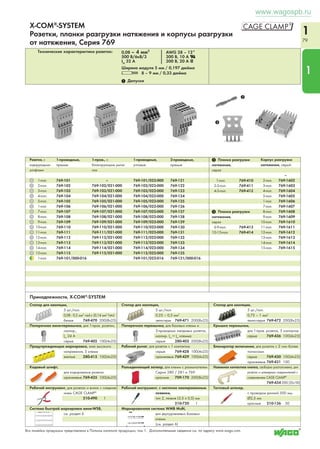 1 
75 
1 
. . . Описание и порядок работы 
Розетка:: вставка / извлечение проводника. 
Возможен также монтаж под углом в 90°. 
тонкопроволочные, 
с опрессованными жилами 
Измерение Фиксатор 
Испытание с помощью тестового штекера Ø2 мм 
(красный) или Ø2,3 мм (желтый). 
тонкопроволочные с 
наконечником 1 (с гер- 
метичной опрессовкой) 
Защелкивание / извлечение фиксатора. 
Розетка, заблокированная фиксатором в своей наруж- 
ной части. 
Разгрузка от натяжения 
Извлечение розетки за жгут проводников с устрой- 
ством разгрузки от натяжения. 
тонкопроволочные 
со штифтовым наконечни- 
ком (с герметичной опрес- 
совкой) 
Объединение базовых клемм удлинительными и попе- 
речными перемычками, также и через промежуточную 
пластину 
Перемычка переходного сечения используется для 
объединения клемм различных размеров 
(макс. 10 мм2/AWG 8) 
Фиксатор 
Объединение 1-проводных розеток миниатюрными 
поперечными перемычками. 
1 При подсоединении проводников с наконечником их максимальное сечение должно быть на один размер меньше макс. сечения клеммы 
www.wagospb.ru 
 