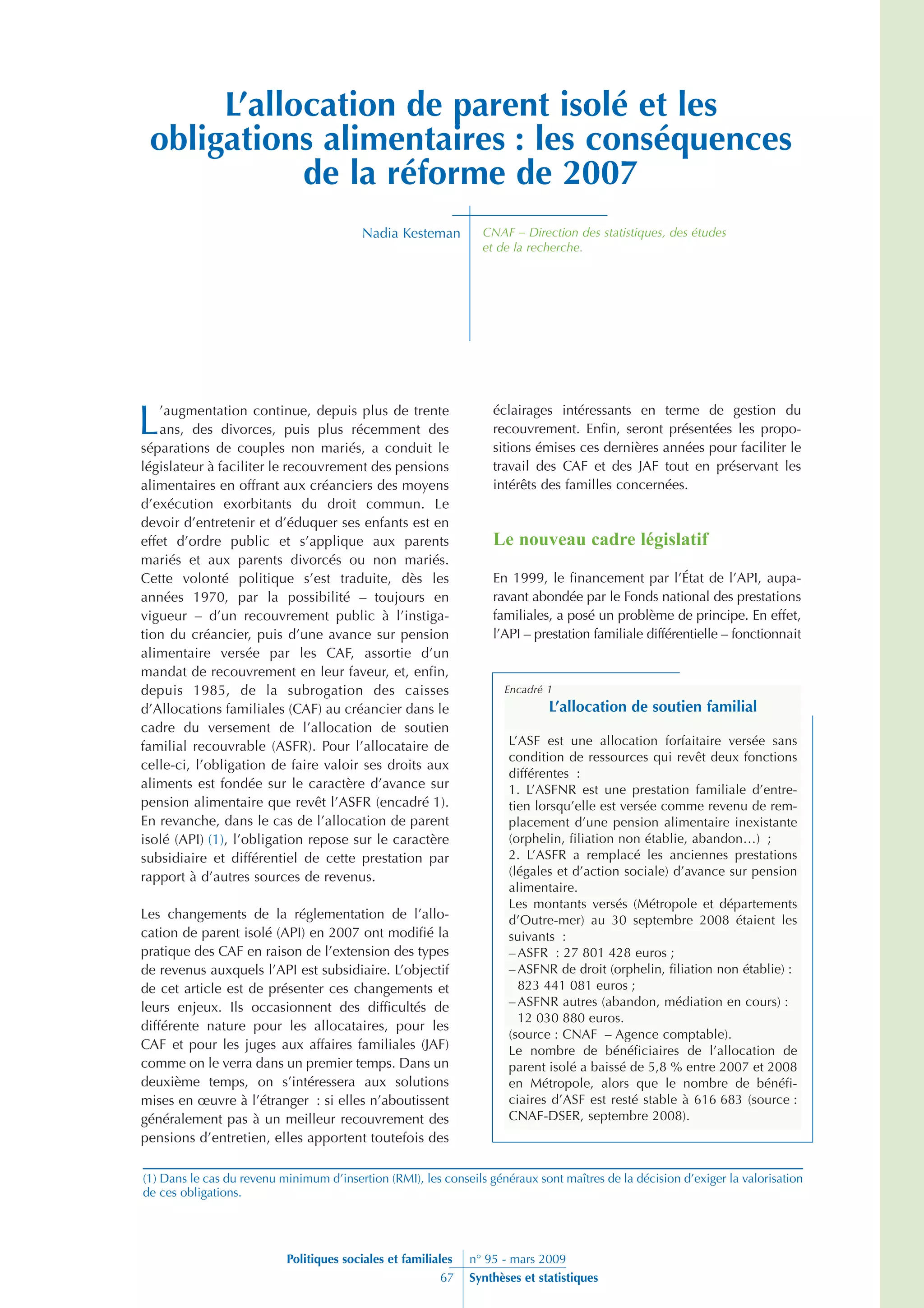 L’allocation de parent isolé et les obligations alimentaires : les conséquences de la réforme de 2007