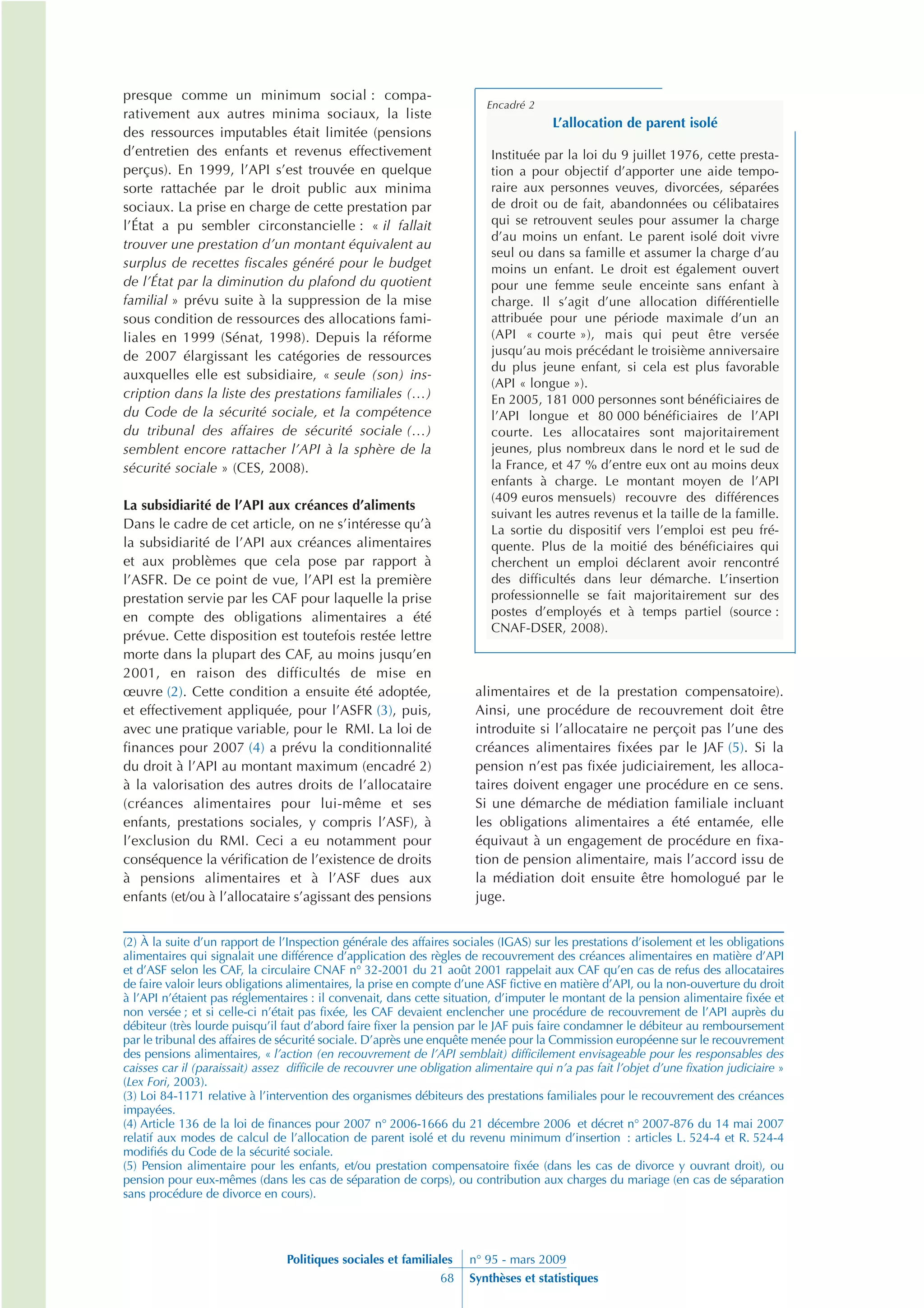 L’allocation de parent isolé et les obligations alimentaires : les conséquences de la réforme de 2007