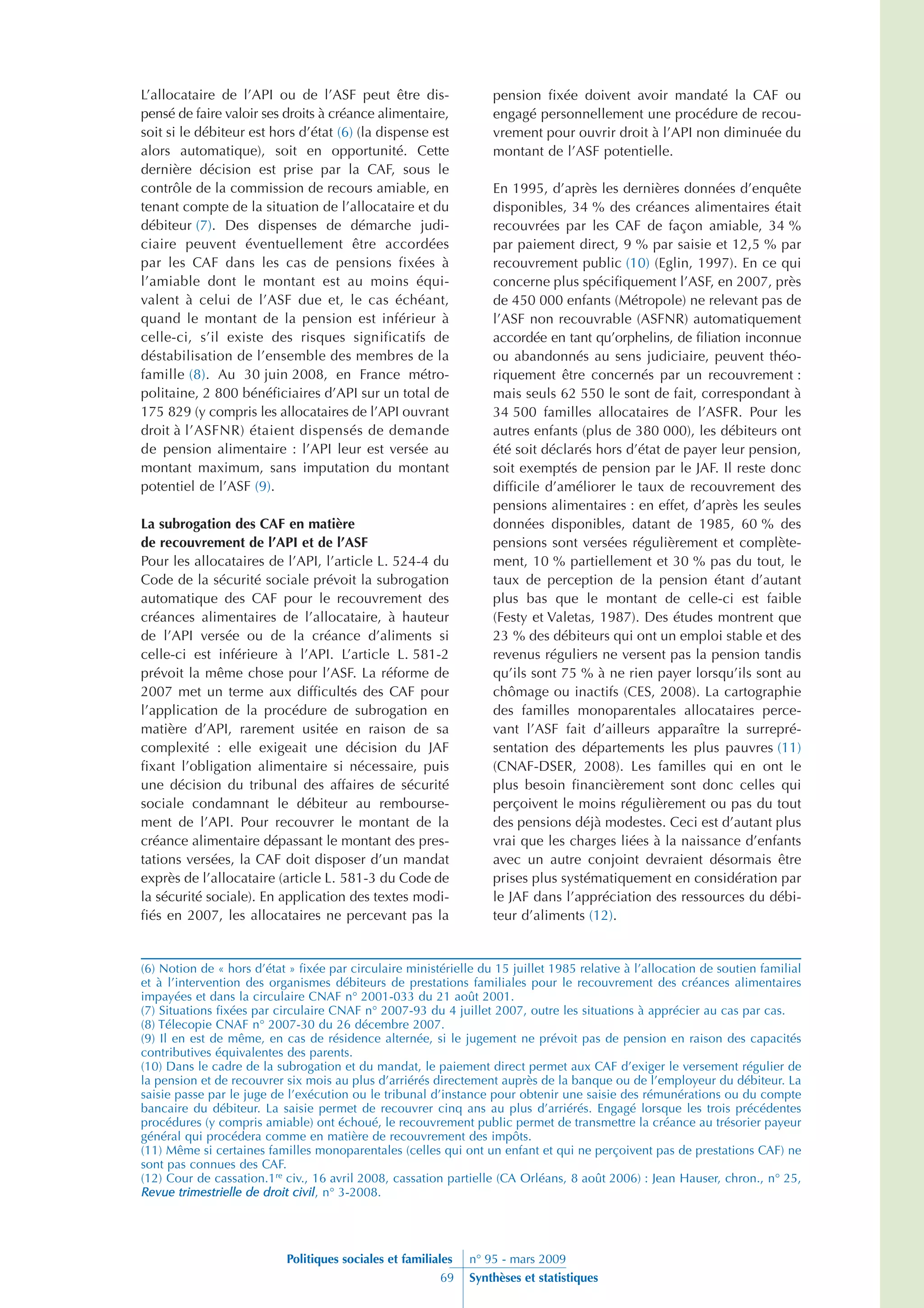 L’allocation de parent isolé et les obligations alimentaires : les conséquences de la réforme de 2007