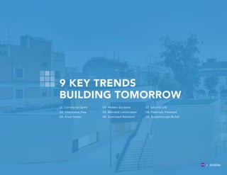 9 KEY TRENDS
BUILDING TOMORROW
01. Communal Spirit
02. Intentional Play
03. Fluid States
04. Hidden Escapes
05. Blended Landscapes
06. Exercised Restraint
07. Second Life
08. Passively Powered
09. Breakthrough Builds
 