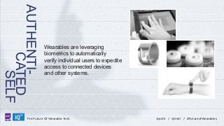 AUTHENTICATED
SELF
LABS

Wearables are leveraging
biometrics to automatically
verify individual users to expedite
access to connected devices
and other systems.

The Future Of Wearable Tech

@psfk / @intel / #FutureofWearables

 