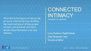 Wearable technologies are deepening
personal relationships by extending
the reach and power of how people
connect, communicate and share
details about themselves over any
distance.

CONNECTED
INTIMACY
PERSON TO PERSON

Long Distance Togetherness
Data Streamed Care
Emotional Mirror

LABS

The Future Of Wearable Tech

@psfk / @intel / #FutureofWearables

 