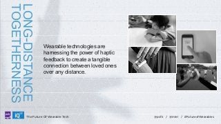 LONG-DISTANCE
TOGETHERNESS
LABS

Wearable technologies are
harnessing the power of haptic
feedback to create a tangible
connection between loved ones
over any distance.

The Future Of Wearable Tech

@psfk / @intel / #FutureofWearables

 