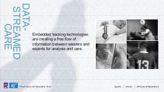 DATASTREAMED
CARE
LABS

Embedded tracking technologies
are creating a free flow of
information between wearers and
experts for analysis and care.

The Future Of Wearable Tech

@psfk / @intel / #FutureofWearables

 